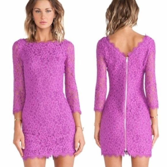 Diane Von Furstenberg | ’Zarita’ Magenta Lace Bateau Neck Scalloped Trim Dress - Picture 1 of 10